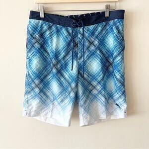 Tommy Bahama Blue and White Plaid Swim Board Shorts